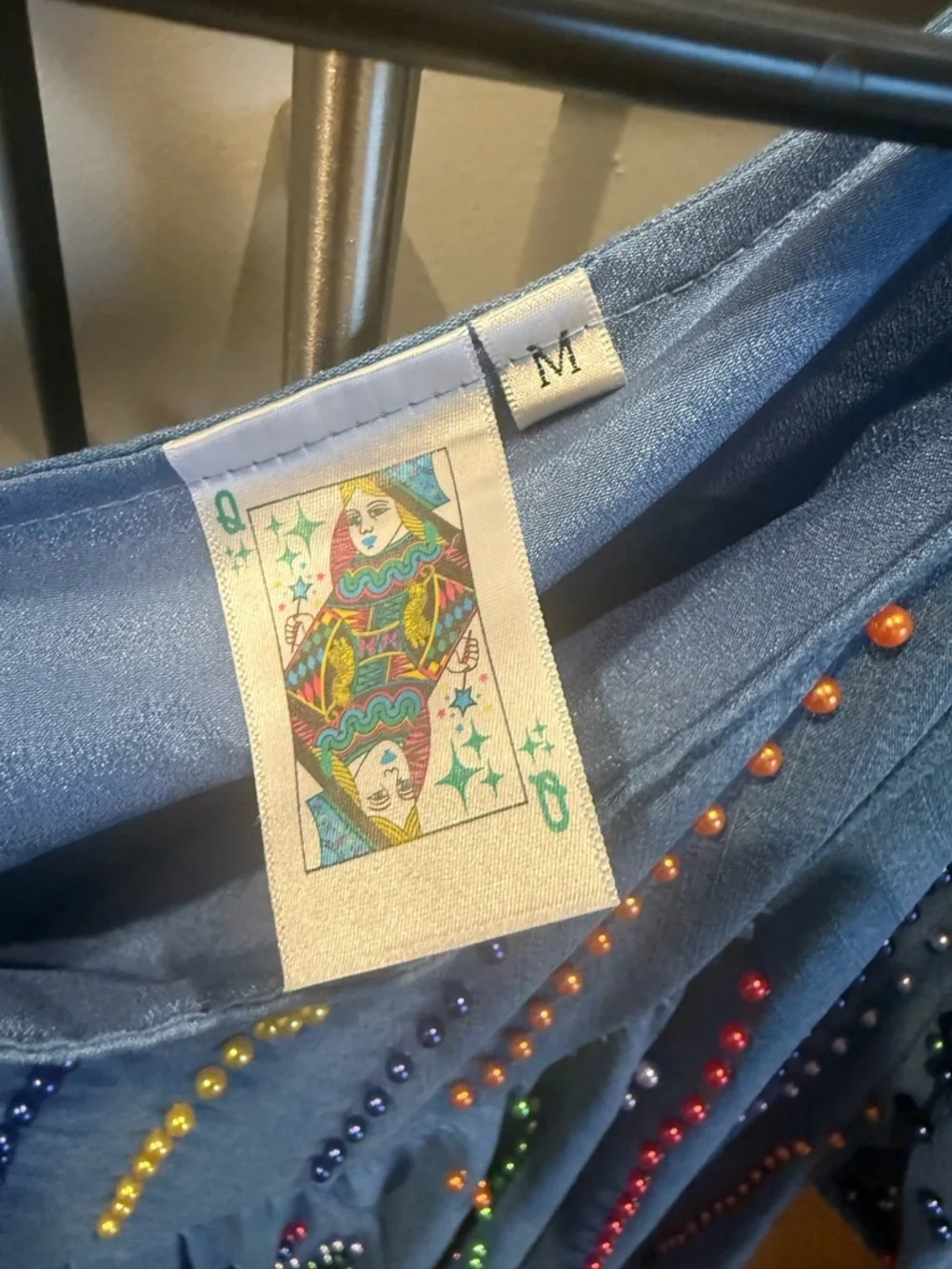 QUEEN OF SPARKLES Blue Asymmetrical Dress with Multicolor Beaded Accents - Picture 3 of 3